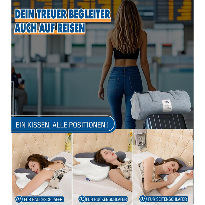 Подушка для шиї IDEA: ортопедична, з memory foam, для дорослих, 62x40x9/11 см, підтримка шиї, комфортна для подорожей