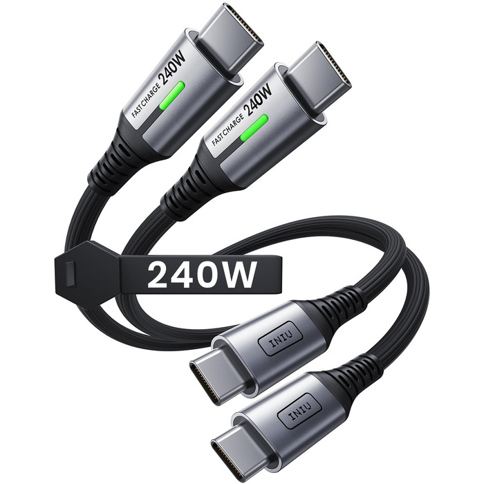 Кабель USB-C 240W, 2 шт. по 2м, PD, швидка зарядка, нейлон, з LED-підсвічуванням, чорний. Сумісний з iPhone, Samsung, Pixel, iPad, MacBook