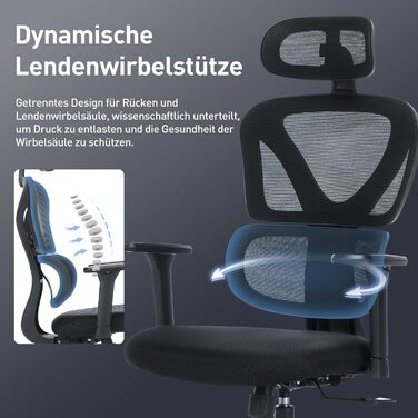 Коламі - Ергономічне крісло для офісу та дому, чорне, з регульованою підголівником та підлокітниками