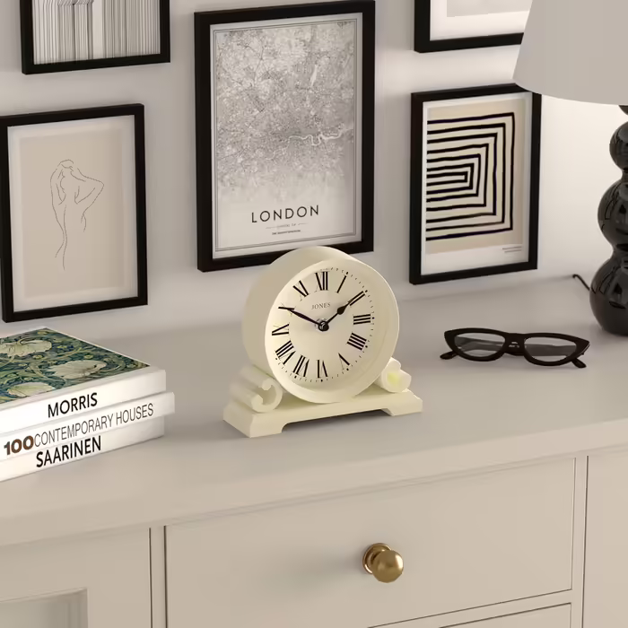 JONES CLOCKS® Saloon Table Clock | Traditional Double-Scroll Design | | Roman Numerals | Classic style for desk, table, shelf or bedside table. (White)