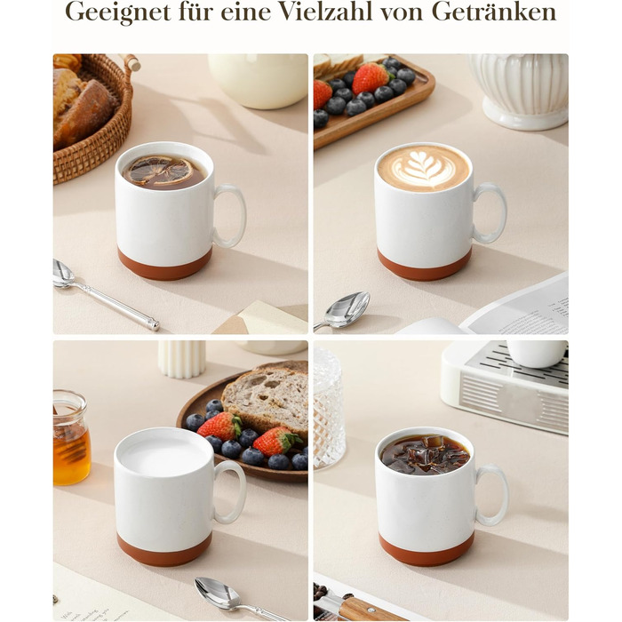 Набір кавових чашок MALACASA TARA Khakiweiß (4 шт.), 350 мл, кераміка, для кави, чаю, соку, лате, капучино, какао, безпечні для миття в посудомийній машині та використання в мікрохвильовці