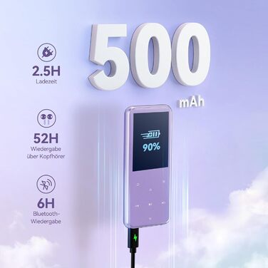 MP3 плеєр AGPTEK 64GB з Bluetooth 5.3, TFT-дисплеєм, FM-радіо та підтримкою до 128GB, фіолетовий