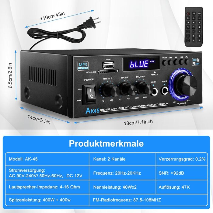 KKMOL AK45 Міні Hi-Fi стерео підсилювач Bluetooth, 400 Вт, 2-канальний, цифровий аудіо підсилювач з USB, SD, радіо, пультом, 12V/220V