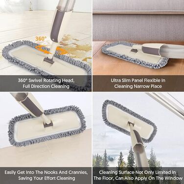 MEXERRIS Спрей-моп для підлоги з обертанням 360° з 3 змінними мікрофібровими накладками та баком для води 410 мл. Підходить для всіх типів підлоги, бежевий.