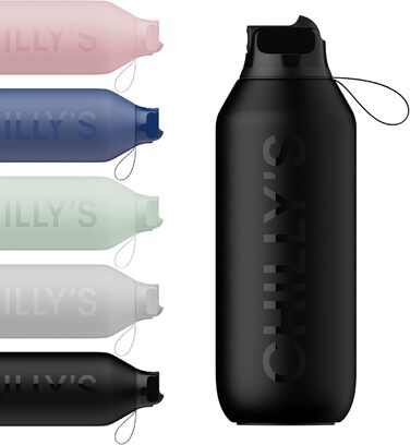 Chilly's Series 2 Flip Bottle - Thermos flask with sport cap, telescopic straw, and nylon carry loop - stainless steel bottle with easy flip opening, straw cleaning brush included