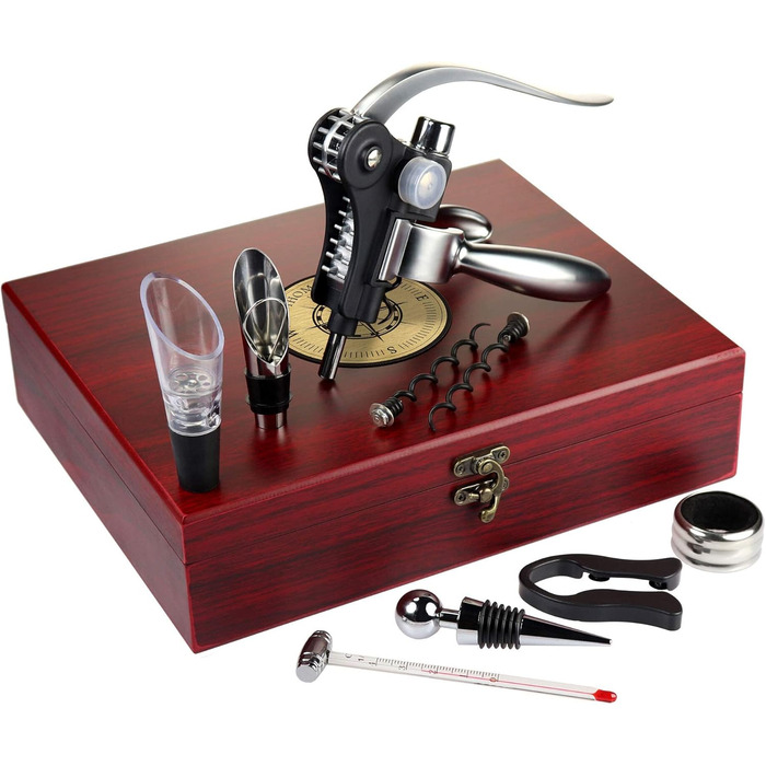 Набір сомельє AMAVEL з 10 аксесуарів для вина, подарункова коробка з дерева з табличкою та персоналізованим гравіюванням компаса, ідеальний подарунок для поціновувачів вина, компас - персоналізований