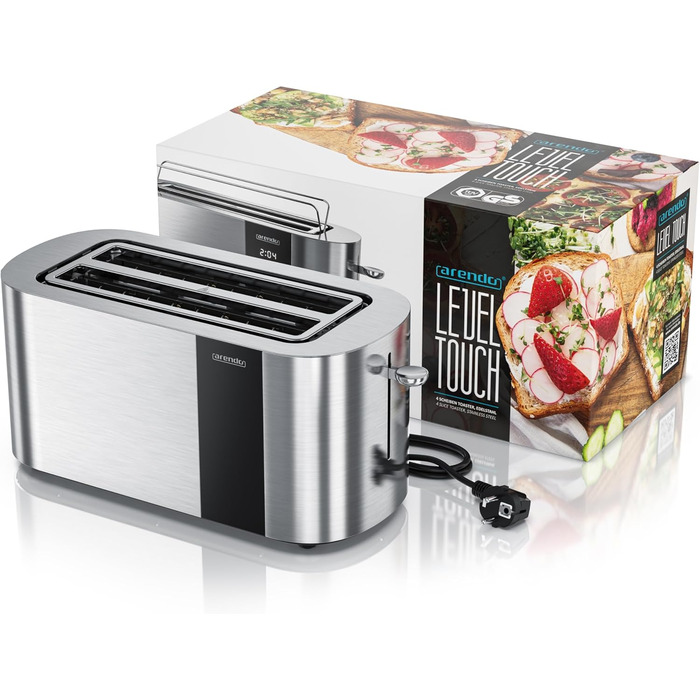 Тостер Arendo з нержавіючої сталі, 4 слоти, сенсорний екран, подвійні стінки, 1500 Вт, підставка для булочок, 6 ступенів підсмажування, центрування хліба, таймер, пам'ять, колір: сталевий