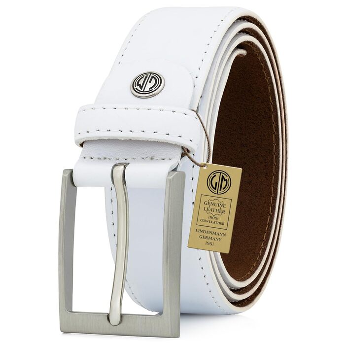 Чоловічий шкіряний ремінь Lindenmann 35 мм, білий, розмір 120 см, повна шкіра