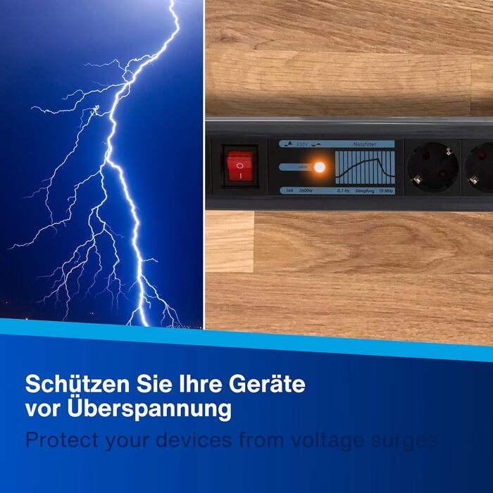 Мережевий фільтр REV SupraGuard 6-фазний з вимикачем, 2.5м, захист від перенапруги, чорний