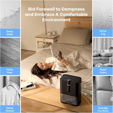 Електричний осушувач повітря для дому, 80м², 2500 мл, автоматичне відтанення, режим сну, захист від вологи та плісняви, для ванної кімнати/спальні, чорний