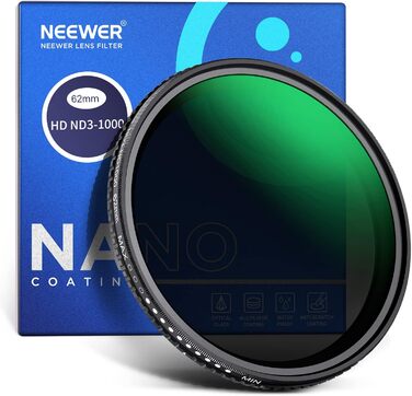 Фільтр ND3-ND1000 Neewer з регульованою щільністю, 62 мм, HD-скло, Nano-покриття, водонепроникний, з алюмінієвим каркасом