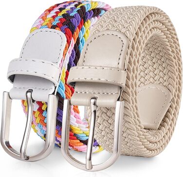 Тканинні ремені Tangchao 2 шт. - Плетені еластичні ремені для жінок та чоловіків, 3.3 см, довжина 90-135 см, 100 см, 120 см (багатобарвний+бежевий)