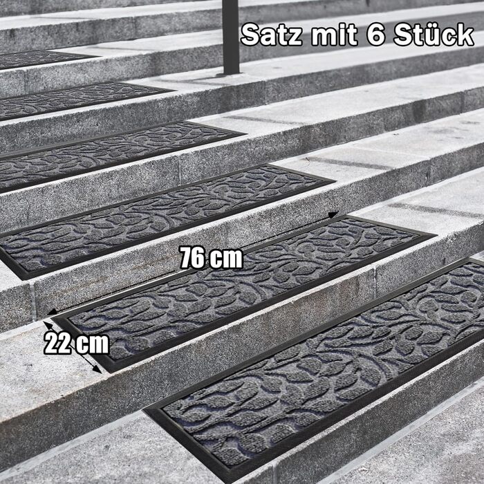 Гумові килимки для сходів Aucuda, 6 шт., 76x22 см, зовнішні, антиковзкі, водостійкі, сірі (листя)