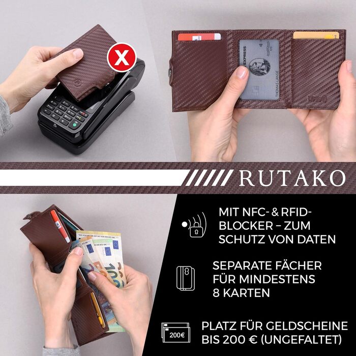 Слім-гаманець RUTAKO з RFID-захистом — компактний картхолдер для чоловіків та жінок, міні-портмоне з карбону (Коричневий карбон, без монетниці)