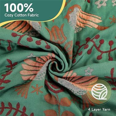 HOORDRY Boho Throw Blanket for Bed - 100% Cotton Ultra Soft Rustic Quilt - Bird Floral Printed Farmhouse Decor Bedspread, All Season Rustic Throw for Sofa Couch Chair Green Bird 230×250CM
