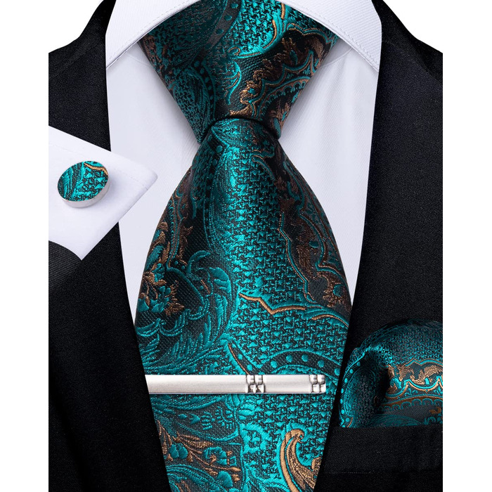 Набір краваток DiBanGu чоловічий: шовкова краватка, нагрудна хустка, запонки, зажим для краватки, блакитно-зелений візерунок Paisley, для ділових зустрічей