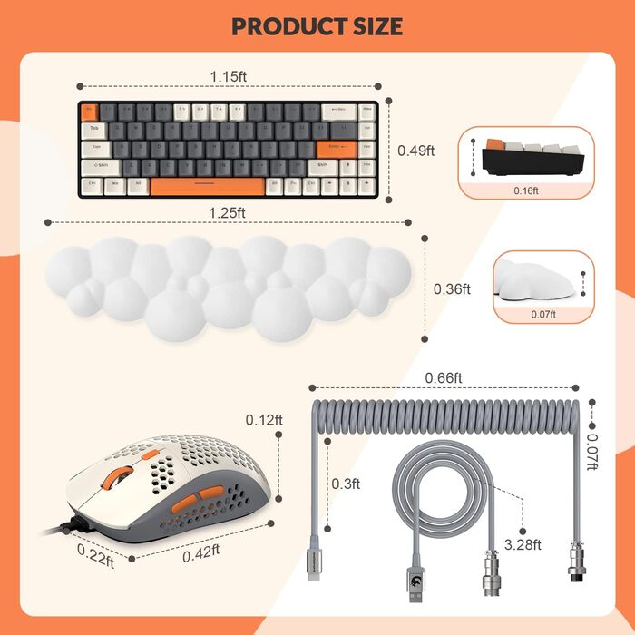 Ігровий комплект YINDIAO T8: механічна клавіатура 68 клавіш TKL + миша з RGB підсвічуванням, USB-C, 6400 DPI, для PC/PS5, сірий