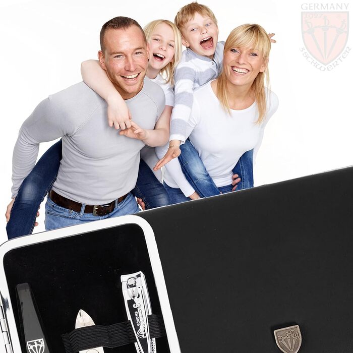 Набір для манікюру DREI SCHWERTER 'Sanremo' - німецька якість | Преміум-набір для манікюру в чорному екошкіряному етикеті | Містить: ножиці для нігтів, ножиці для кутикули, щипчики для нігтів, пінцет, алмазний наперсток та інше! Екошкіра - Чорний