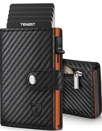 Чоловічий гаманець TENBST з RFID захистом, шкіряний Slim Wallet, картфутляр на 8-10 карт, подарунковий набір (Чорний/Помаранчевий)