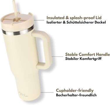 Термокружка Milu 1200 мл з трубочкою та ручкою – 48 годин льоду/24 години холод/12 годин гаряче. Нержавіюча сталь, подвійні стінки, ізольована, 1,2 л (Бежевий)