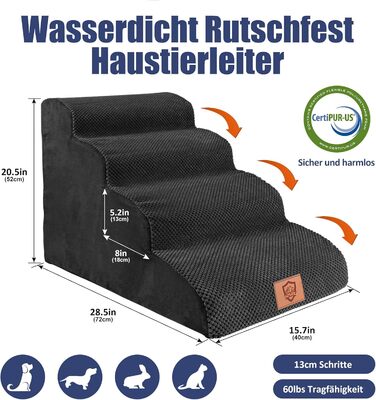 Dog Stairs, Dog Stairs 50cm High, Pet Stairs 4 Steps, Removable Non-Slip Foam Dog Ramp, Dog Stairs for Small Dogs and Cats, Washable Cat Stairs (Pet Stairs 4 Steps, black)