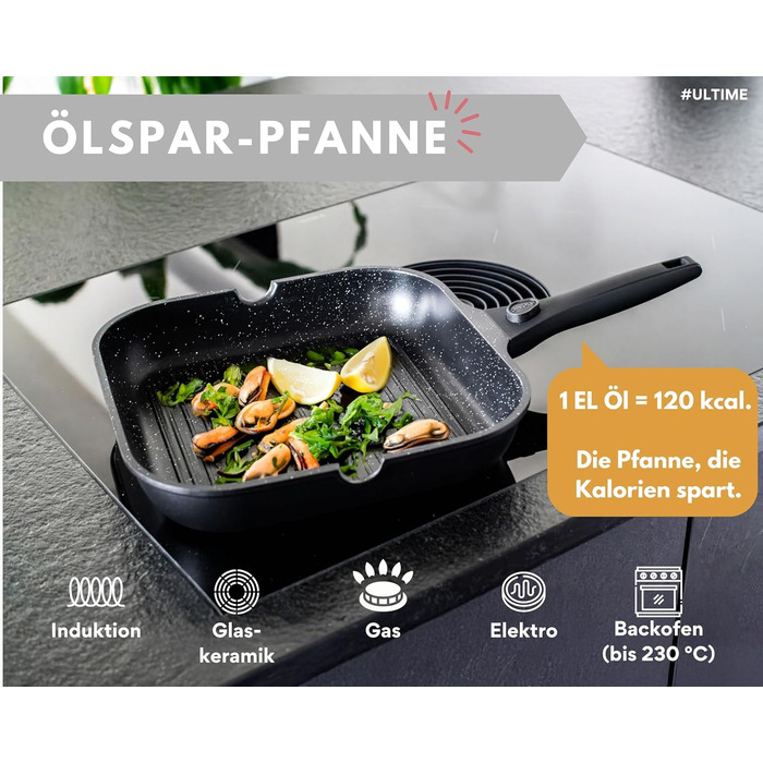 Сковорідка гриль 28 см з рифленою антипригарною поверхнею та знімною ручкою, для всіх типів плит (індукція) – для стейків та овочів гриль, з щипцями, без PFOA/PFOS, чорна