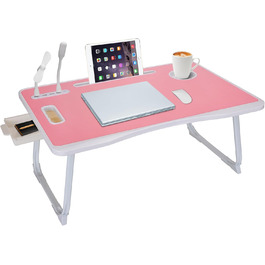 Стіл для ноутбука в ліжко, складний з USB, ручка, кишеня для карток, підсклянник, бічна шухляда, рожевий