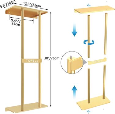 Тримач для рушників настінний з полицею, золото, 30 дюймів. Металевий органайзер для ванної кімнати