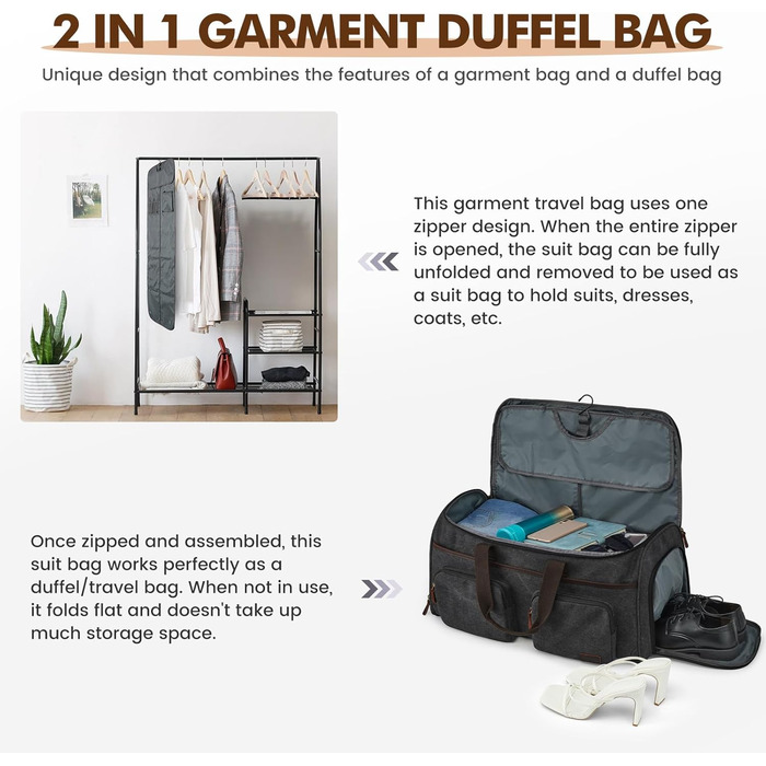 50L Unisex 3-in-1 Convertible Garment Bag Canvas Clothing Bag Suit Bag Carry On Garment Bag with Toiletry Bag for Travel, Short Trips, and Business Trips - Storage