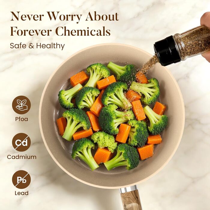 Набір кухонного посуду Kitchen Academy 12 предметів бежевий гранітний антипригарний для індукції, без PFOA/PFOS, сковороди та каструлі для всіх типів плит