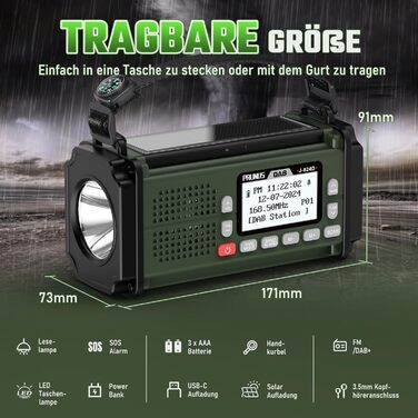 Радіоприймач PRUNUS J-924D: DAB+/UKW, радіоприймач-кринка з акумулятором 10000mAh, Bluetooth, ліхтарик, SOS, зарядка для телефону. Зелений