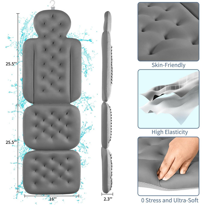 Подушка для ванни Ganzkörper з 160 присосками, килимок для підтримки голови та шиї, з мішком для прання (темно-сірий, 129,5 x 40,6 см)
