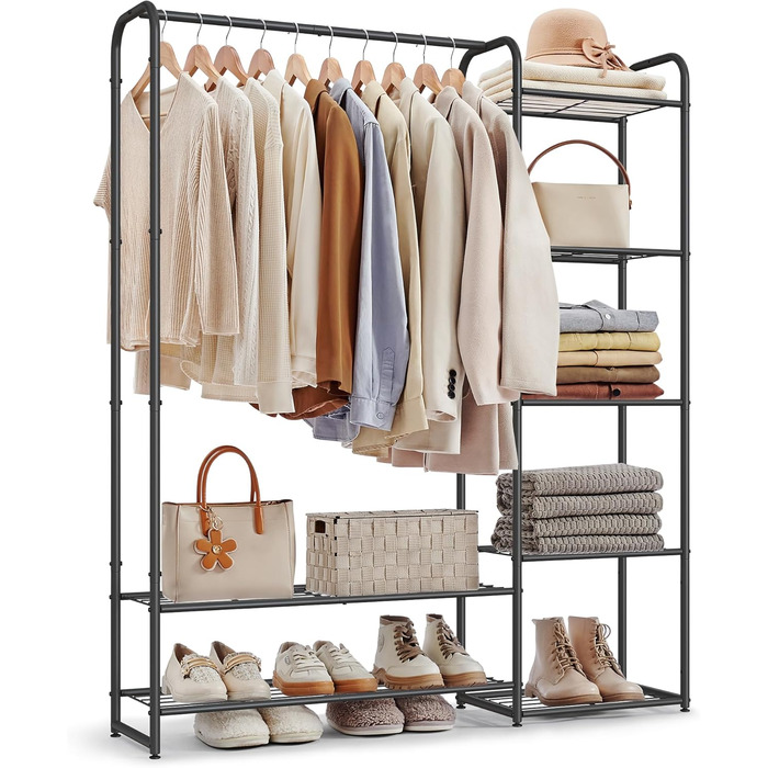 SONGMICS Clothes Rack, Open Closet, Clothes Rail, Coat Rack with Shelves, Metal Wardrobe, Freestanding, Matte Black LGR462B01