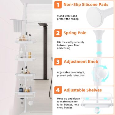 Кутовий органайзер для душу XLHOMO, розсувна штанга 81,3–309,9 см, 4 рівні, без свердління, стійкий до іржі, білий