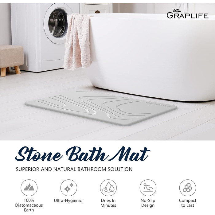 Килимок для ванни Graplife Stein, 2 шт., для ванни та ванної кімнати, супер вбираюча діатомова земля, антиковзкий, швидковисихаючий (60 x 39 см, світло-сірий)