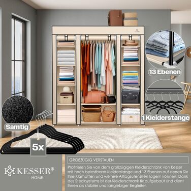 KESSER® Wardrobe Clothes Rack Stable with Clothes Rail & Shelves, Incl. 5x Clothes Hangers, Fabric Folding Wardrobe for Bedroom, Dressing Room Clothes Rack 150x45x175cm (Beige)