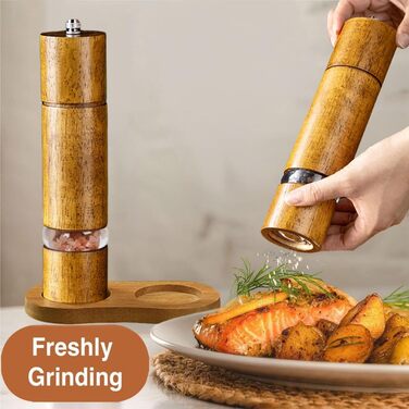 Механічна млинка для солі та перцю з керамічним жорном, регульована ступінь помелу, набір 2 шт. з підставкою, висота 21,5 см
