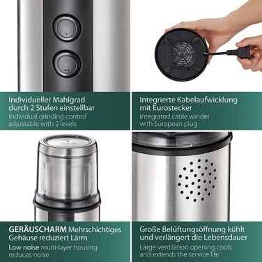 Електрична кавомолка та млин для спецій Cloer 7419 з нержавіючою сталевою голковою камерою, 350W, 2 знімні контейнери з нержавіючої сталі, для песто, трав, горіхів, зерна, до 80 г кавових зерен, захисний ковпачок