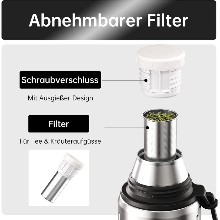 Термос Healter Thermoskanne 1л з чашкою (72 години холод, 24 години гаряче) – термофляга для кави, чаю, термокружка з фільтром та знімним дном. Підходить для подорожей, офісу та школи (зелений, срібний)