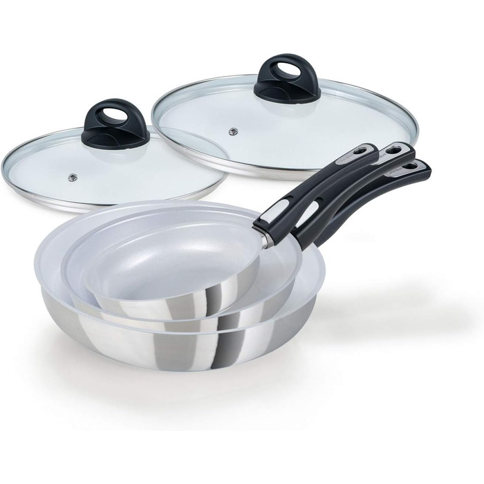 Набір сковорідок Genius Cerafit Steel: 5 штук з керамічним покриттям (20, 24, 28 см) + скляна кришка. Підходять для всіх плит, включаючи індукційні.