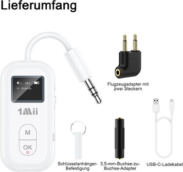 Bluetooth-адаптер для літака 1Mii з дисплеєм для 2 навушників, білий, 25 годин роботи