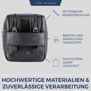 Чоловіча та жіноча косметичка VON HEESEN з натуральної шкіри - дорожня сумка, несесер для подорожей, чорна, велика (2 відділення)