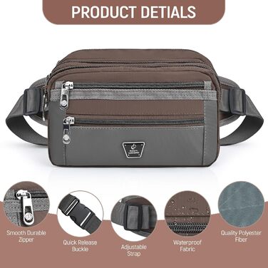 Поясна сумка на пояс для чоловіків та жінок з 7 кишенями на блискавці. Ідеальна для спорту, фітнесу, бігу, велоспорту, подорожей та кемпінгу. Колір: кавовий