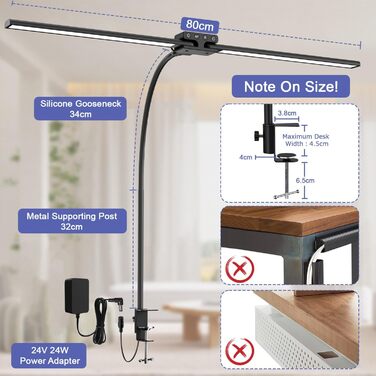 LED настільна лампа EppieBasic 24W з диммуванням, 80 см, кріпленням, захистом очей, регульованим шийним механізмом, таймером, чорного кольору