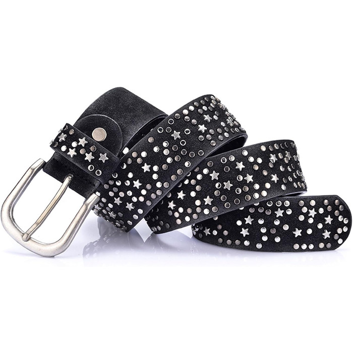 Жіночий шкіряний ремінь з шипами Stern, широкий ремінь для джинсів, регульований (Чорний)