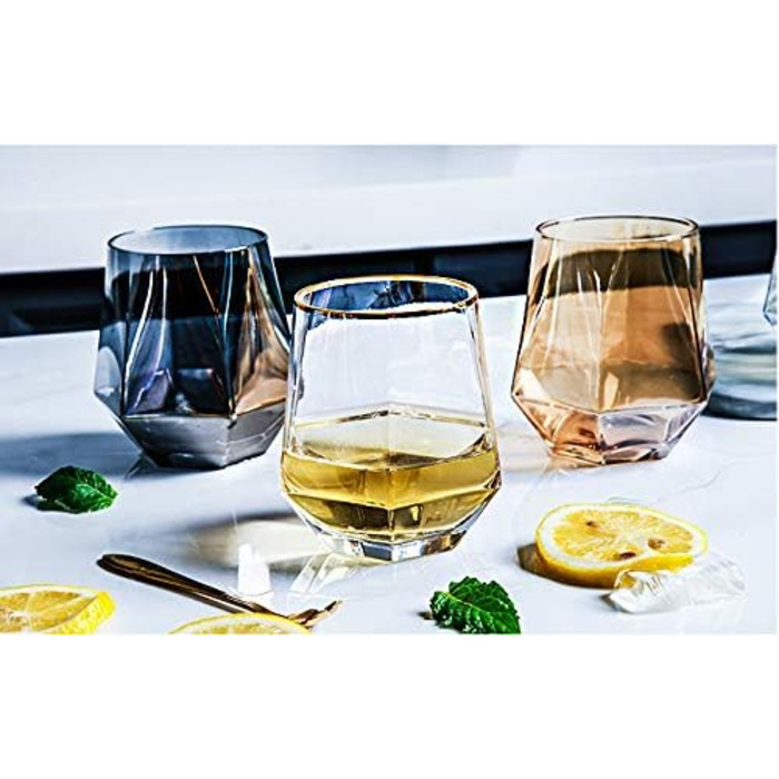 Diamond Whisky Glasses 4-Piece Set, Tilted Scotch Glasses, 300 Ml, Modern Look for Men, Women, Dad, Husband, Friends, Glassware for Bourbon/Rum/Bar Tumbler, Smoke Grey 4