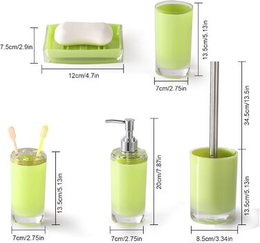 Acrylic Bathroom Accessories Set, Lotion/Soap Dispenser, Soap Dish, Toothbrush Holder, Tumbler, Toilet Brush and Holder, Modern Bathroom Decoration and Housewarming Gift Set, Orange, 5-Piece (Green-5)