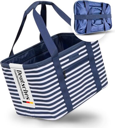 Foldable shopping basket in premium quality | Shopping bag with soft PU leather handle | ideal shopping basket with 30 liter capacity | sturdy & secure shopping bag (Blue/White Striped)