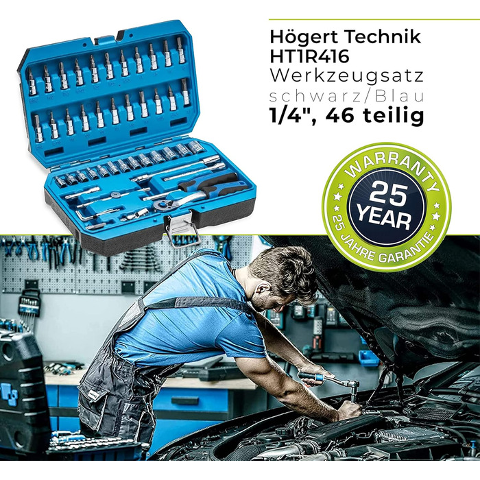 Набір інструментів HÖGERT TECHNIK 46 предметів: тріскачка, біти, насадки, аксесуари 1/4”, хром-ванадієва сталь, високоякісний, кований, 72-зубцева механіка, чорний/синій