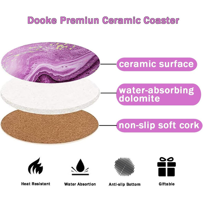 Drink coasters, round, absorbent ceramic stone coasters with cork base, funny turquoise marble drinks (Purple)
